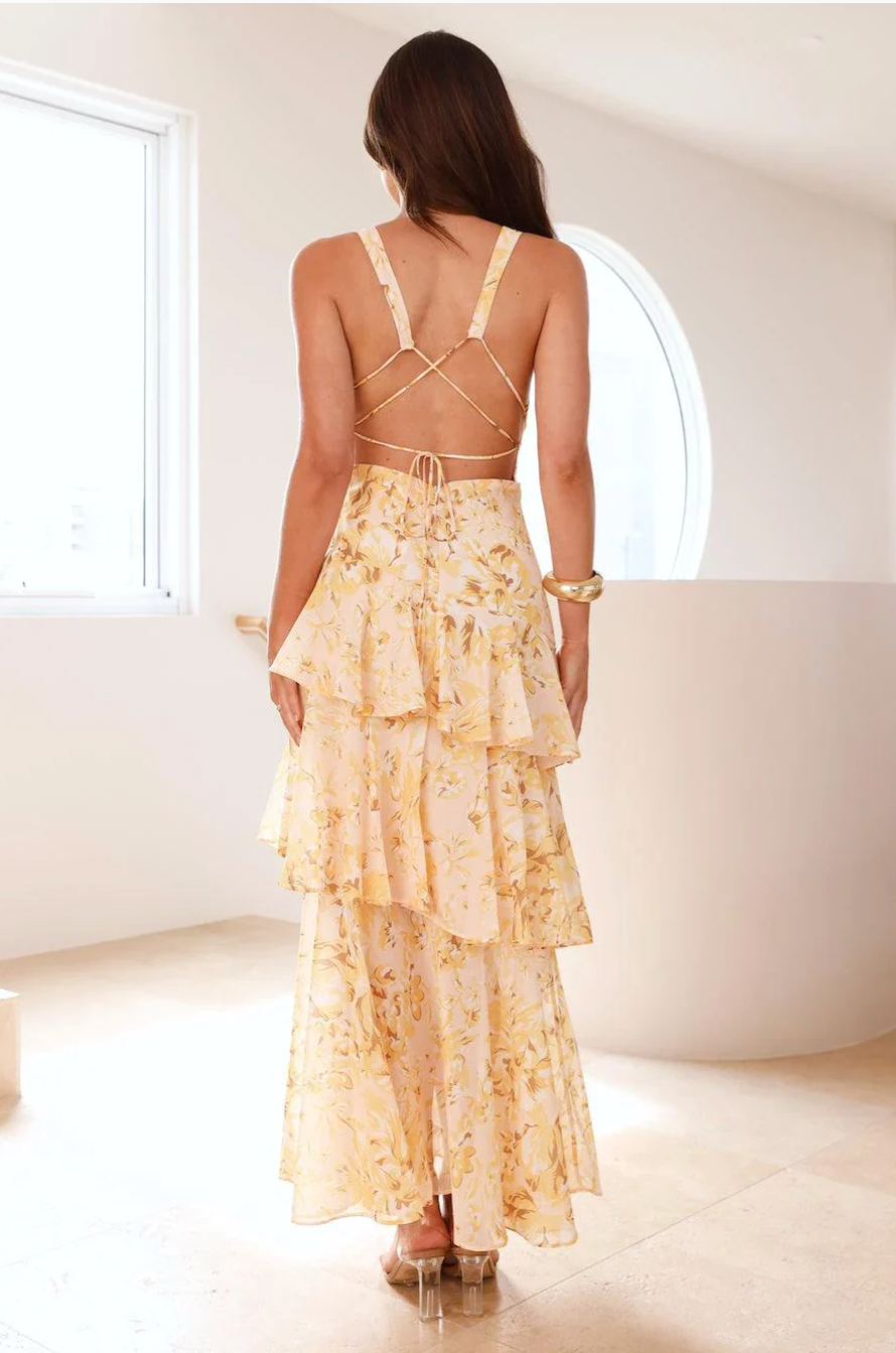 Jardin™ | Robe Longue à Col V et Volants Fleuri