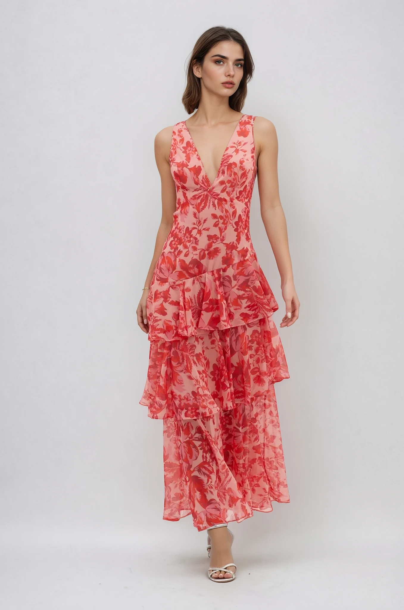 Jardin™ | Robe Longue à Col V et Volants Fleuri